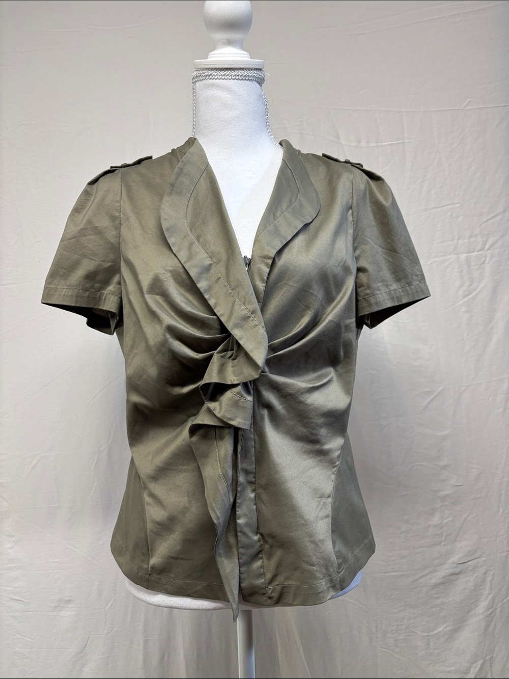 Ruffled Front Short-Sleeve Blouse — Olive Green